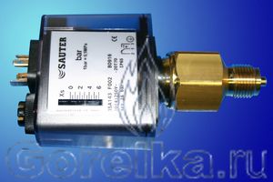 Реле давления жидкости SAUTER DSA143 F002. Диапазон регулирования: 0.5 - 6 bar, максимальное давление: 16 bar Напряжение: 250 V 50 Hz 10 A. Применение: топочные агрегаты и газовые установки. Производитель: Sauter – Швейцария.