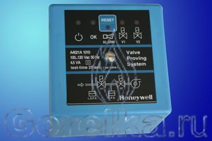 Контроль герметичности HONEYWELL A4021A 1010 проверяет эффективное закрытие газового мультиблока, измеряя дифференциальное давление между двумя клапанами во время испытательной последовательности. Напряжение 100 - 120 V 50 Hz 4.5 VА. Время теста 25 сек.