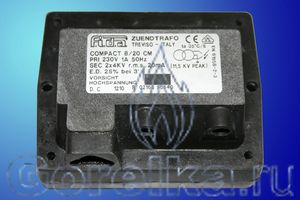 Трансформатор розжига FIDA COMPACT 8/20 CM предназначен для поджига горючей смеси высоковольтной электрической дугой создаваемой между электродами поджига. Трансформатор поджига FIDA COMPACT 8/20 CM имеет следующие характеристики: Напряжение питания 230 В / 50 Гц, 1A Напряжение поджига 2 х 4 kV. Ток поджига 20 мА. PEAK 11.5 KV, ED 25% при 3 мин. Штекерный разъем питания (треугольник). Штекерный разъем кабеля поджига диаметром 4 мм.