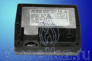 Трансформатор розжига FIDA COMPACT 10/20 CM предназначен для поджига горючей смеси высоковольтной электрической дугой создаваемой между электродами поджига. Трансформатор поджига FIDA COMPACT 10/20 CM имеет следующие характеристики: Напряжение питания 230 В / 50 Гц, 1.2A Напряжение поджига 2 х 5 kV. Ток поджига 20 мА. PEAK 14 KV, ED 25% при 3 мин. Штекерный разъем питания (треугольник). Штекерный разъем кабеля поджига диаметром 4 мм.