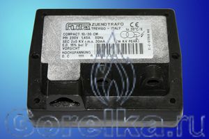 Трансформатор розжига FIDA COMPACT 10/30 CM предназначен для поджига горючей смеси высоковольтной электрической дугой создаваемой между электродами поджига. Трансформатор поджига FIDA COMPACT 10/30 CM имеет следующие характеристики: Напряжение питания 230 В / 50 Гц, 1.45A Напряжение поджига 2 х 5 kV. Ток поджига 30 мА. PEAK 14 KV, ED 15% при 3 мин. Штекерный разъем питания (треугольник). Штекерный разъем кабеля поджига диаметром 4 мм.