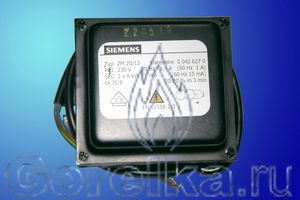 Трансформатор розжига SIEMENS ZM 20/12 00426270 предназначен для поджига горючей смеси высоковольтной электрической дугой создаваемой между электродами поджига. Трансформатор поджига SIEMENS ZM 20/12 00426270 имеет следующие характеристики: Напряжение питания 230 В / 50 Гц. Напряжение поджига 2 х 6 кВ. Сила тока 1,4 А. Ток поджига 20 мА. ED 20% при 3 мин. Длина кабеля питания 550 мм. Винтовая нарезка для кабеля поджига.