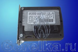 Трансформатор розжига FIDA COMPACT 10/20 CM 33 (крепление) предназначен для поджига горючей смеси высоковольтной электрической дугой создаваемой между электродами поджига. Трансформатор поджига FIDA COMPACT 10/20 CM 33 (крепление) имеет следующие характеристики: Напряжение питания 230 В / 50 Гц, 1.2A Напряжение поджига 2 х 5 kV. Ток поджига 20 мА. PEAK 14 KV, ED 33 % при 3 мин. Штекерный разъем питания (треугольник). Штекерный разъем кабеля поджига диаметром 4 мм. Укомплектован планкой крепления.
