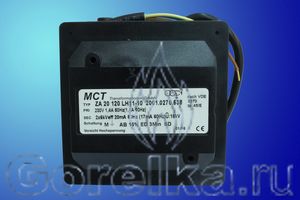 Трансформатор розжига MCT ZA 20 140 E21 2005.0450.073 предназначен для поджига горючей смеси высоковольтной электрической дугой создаваемой между электродами поджига. Трансформатор поджига MCT ZA 20 140 E21 2005.0450.073 имеет следующие характеристики: Напряжение питания 230 В / 50 Гц. Напряжение поджига 2 х 7 кВ. Сила тока 1,68 А. Ток поджига 20 мА. ED 80% при 3 мин. Кабель питания. Присоединение кабеля поджига: винтовая нарезка.