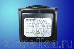 Трансформатор розжига SIEMENS ZM 20/10 0423681 предназначен для поджига горючей смеси высоковольтной электрической дугой создаваемой между электродами поджига. Трансформатор поджига SIEMENS ZM 20/10 0423681 имеет следующие характеристики: Напряжение питания 230 В / 50 Гц. Напряжение поджига 2 х 5 кВ. Сила тока 1,1 А. Ток поджига 20 мА. ED 33% при 3 мин. Кабель питания. Винтовая нарезка для кабеля поджига.