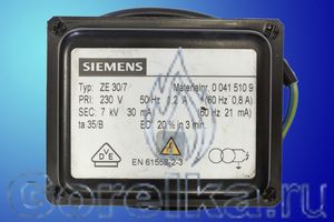 Трансформатор розжига SIEMENS ZE 30/7 0415109 предназначен для поджига горючей смеси высоковольтной электрической дугой создаваемой между электродами поджига. Трансформатор поджига SIEMENS ZE 30/7 0415109 имеет следующие характеристики: Напряжение питания 230 В / 50 Гц. Напряжение поджига 1 х 7 кВ. Сила тока 1,2 А. Ток поджига 30 мА. ED 20% при 3 мин. Кабеля питания. Штекерный разъем кабеля поджига диаметром 4 мм.