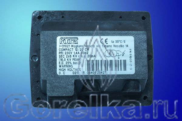 Трансформатор розжига FIDA COMPACT 12/20 CM предназначен для поджига горючей смеси высоковольтной электрической дугой создаваемой между электродами поджига. Трансформатор поджига FIDA COMPACT 12/20 CM имеет следующие характеристики: Напряжение питания 230 В / 50 Гц, 1,4 A Напряжение поджига 2 х 6 kV. Ток поджига 20 мА. PEAK 16.9 KV, ED 25 % при 3 мин. Штекерный разъем питания (треугольник). Штекерный разъем кабеля поджига диаметром 4 мм.