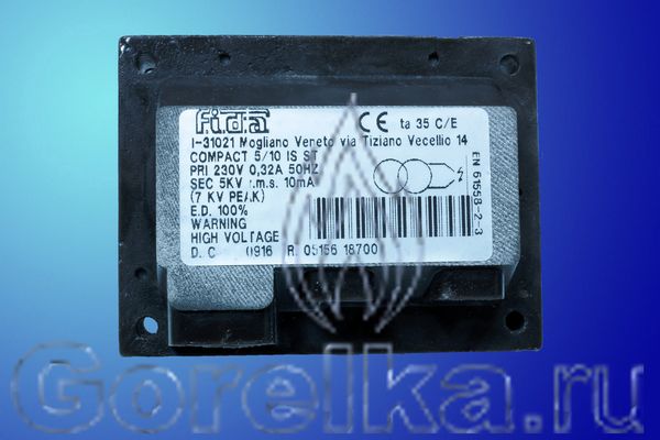 Трансформатор розжига FIDA COMPACT 5/10 IS ST предназначен для поджига горючей смеси высоковольтной электрической дугой создаваемой между электродами поджига. Трансформатор поджига FIDA COMPACT 5/10 IS ST имеет следующие характеристики: Напряжение питания 230 В / 50 Гц, 0,32 A Напряжение поджига 5 kV. Ток поджига 10 мА. PEAK 7 KV, ED 100 % при 3 мин. Штекерный разъем питания (треугольник). Штекерный разъем кабеля поджига диаметром 4 мм.