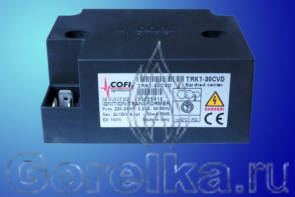 Трансформатор розжига COFI TRK1-30CVD предназначен для поджига горючей смеси высоковольтной электрической дугой создаваемой между электродами поджига. Трансформатор поджига COFI TRK1-30CVD имеет следующие характеристики: Напряжение питания 220-240 В 50 / 60 Гц. Мощность 30 mА. Напряжение поджига 2 х 12 kV. Ток поджига 30 мА. ED 100% при 3 мин. Штекерный разъем питаня. Штекерный разъем кабеля поджига диаметром 4 мм.