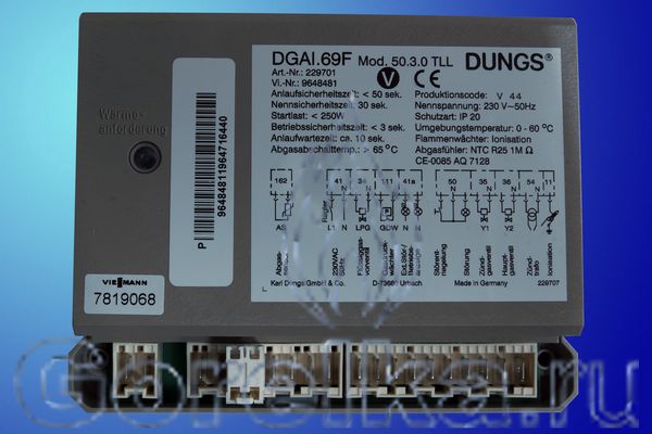 Блок управления DUNGS DGAI.69F Mod 50.3.0 TLL VIESSMANN. Используется для двухступенчатых газовых горелок:
Вcтроенные разъемы для подключения кабелей компонентов (газового клапана, электродвигателя, реле давления воздуха.
Предохранительное время TS = 30 с.